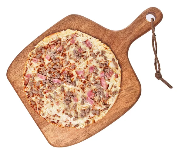 Único Churrasco Pizza Italiana Mesa Madeira Isolada Sobre Fundo Branco — Fotografia de Stock