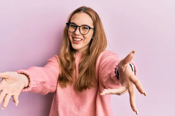 Young Blonde Woman Wearing Casual Clothes Glasses Looking Camera Smiling — Stock Photo, Image