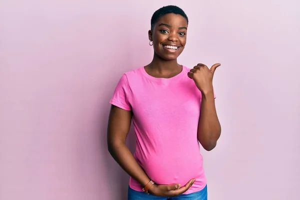 Young African American Woman Expecting Baby Touching Pregnant Belly Smiling — Stock Photo, Image