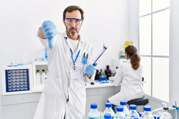 Middle Age Man Working Scientist Laboratory Angry Face Negative Sign — Stock Photo, Image