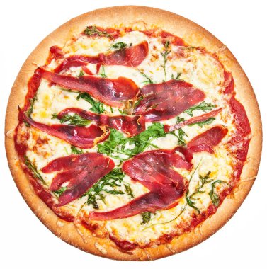  İzole edilmiş beyaz arka planda tek ve lezzetli İtalyan pizzası.