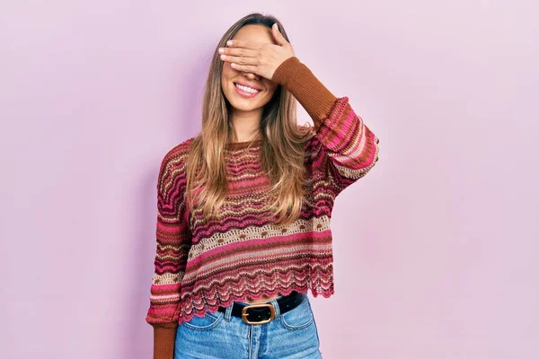 Beautiful Hispanic Woman Wearing Hippie Sweater Smiling Laughing Hand Face — Stock Photo, Image