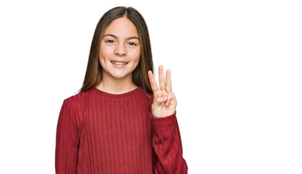 Schöne Brünette Kleine Mädchen Trägt Lässigen Pullover Zeigt Und Zeigt — Stockfoto
