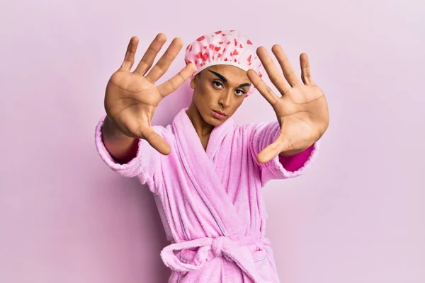 Hispanic Man Wearing Make Wearing Shower Towel Cap Bathrobe Doing — Stock Photo, Image