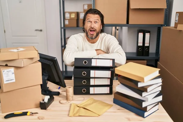 Handsome Middle Age Man Working Small Business Ecommerce Celebrating Crazy — Stock Photo, Image