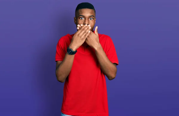 Young African American Man Wearing Casual Red Shirt Shocked Covering — Stock Photo, Image
