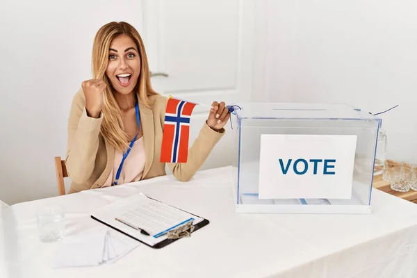 Блондинка Красивая Молодая Женщина Выборах Политической Кампании Проведение Норвея Флаг — стоковое фото