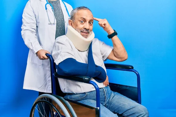 Handsome Senior Man Beard Sitting Wheelchair Neck Collar Smiling Pointing — Stock Photo, Image