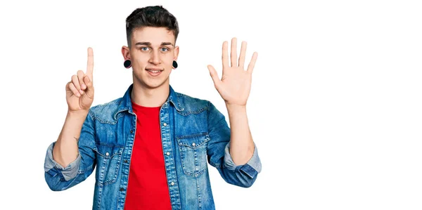 Young Caucasian Boy Ears Dilation Wearing Casual Denim Jacket Showing — Stock Photo, Image