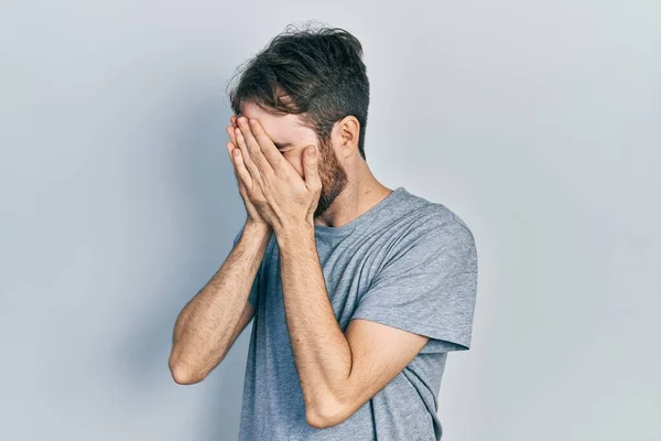 Caucasian Man Beard Wearing Casual Grey Shirt Sad Expression Covering — Stock Photo, Image