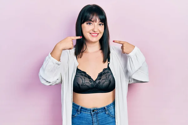 Young Hispanic Woman Wearing Lingerie Smiling Cheerful Showing Pointing Fingers — Stock Photo, Image