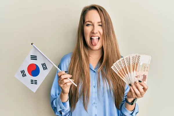 Jeune Femme Blonde Tenant Drapeau Corée Sud Gagné Des Billets — Photo