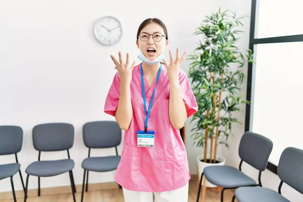 Young Asian Nurse Woman Medical Waiting Room Crazy Mad Shouting — Stock Photo, Image