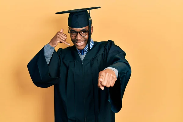 Young African American Man Wearing Graduation Cap Ceremony Robe Smiling — Stock Photo, Image