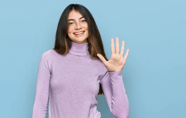Young Beautiful Teen Girl Wearing Turtleneck Sweater Showing Pointing Fingers — Stock Photo, Image