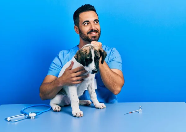 Красивый Латиноамериканец Ветеринар Бородой Проверяющий Здоровье Собаки Рукой Подбородке Думая — стоковое фото