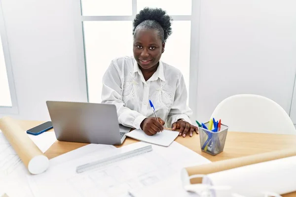Young African American Woman Architect Using Laptop Writing Notebook Architecture — Stock Photo, Image