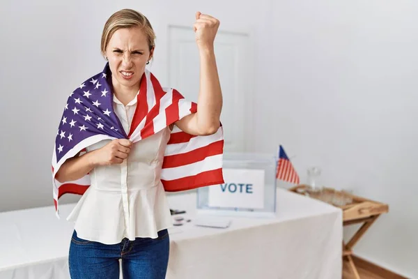 Young Blonde Woman Political Campaign Election Holding Usa Flag Annoyed — Stock Photo, Image