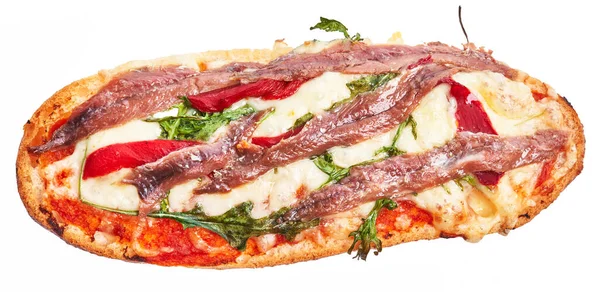Roti Anchovies Tunggal Pizza Atas Latar Belakang Putih Yang Terisolasi — Stok Foto