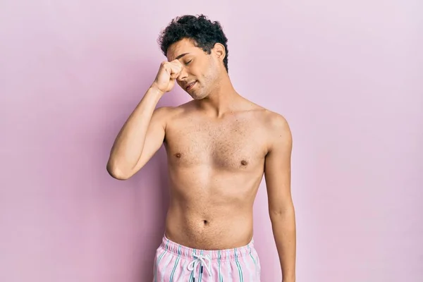 Young Handsome Man Wearing Swimwear Shirtless Tired Rubbing Nose Eyes — Stock Photo, Image