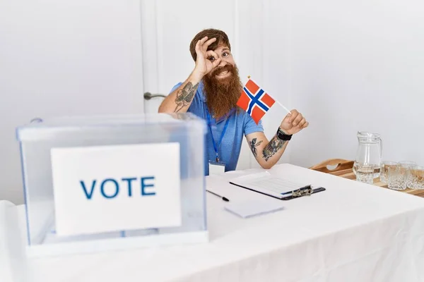 Caucasian Man Long Beard Political Campaign Election Holding Norwegian Flag — Stock Photo, Image