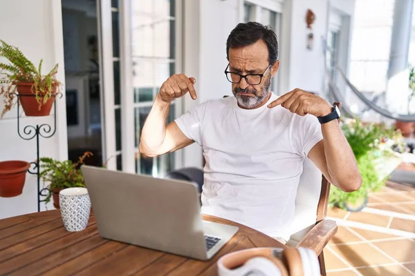 Middle Age Man Using Computer Laptop Home Pointing Looking Sad — Stock Photo, Image