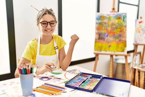 Young Brunette Teenager Art Studio Very Happy Excited Doing Winner — Stock Photo, Image