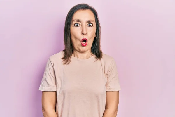 Middle Age Hispanic Woman Wearing Casual Clothes Afraid Shocked Surprise — Stock Photo, Image