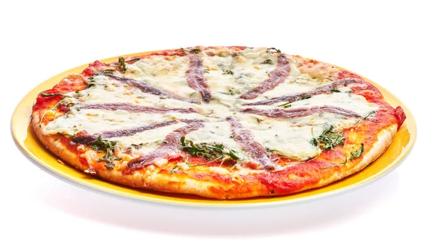 Único Italiano Anchovas Pizza Sobre Fundo Isolado Branco — Fotografia de Stock