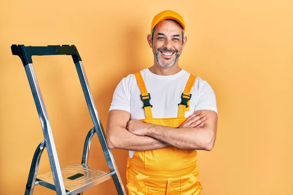 Handsome Middle Age Man Grey Hair Holding Ladder Happy Face — Stock Photo, Image