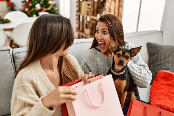 Zwei Frauen Überraschen Mit Geschenktüte Wenn Sie Mit Hund Weihnachtsbaum — Stockfoto