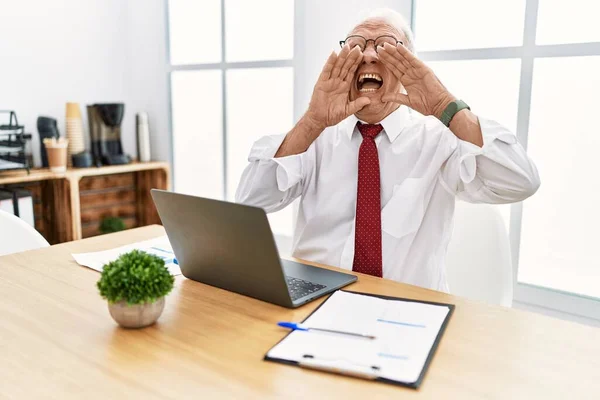 Homem Sênior Trabalhando Escritório Usando Laptop Computador Sorrindo Alegre Jogando — Fotografia de Stock