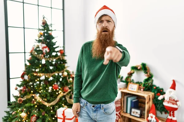 Zrzavý Muž Dlouhými Vousy Vánočním Kloboukem Vánočního Stromku Ukazuje Kameru — Stock fotografie