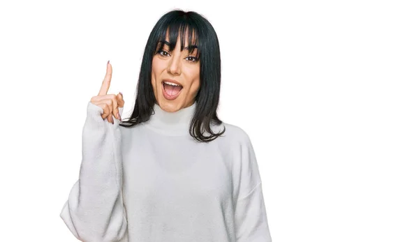 Young Brunette Woman Bangs Wearing Casual Turtleneck Sweater Pointing Finger — Stock Photo, Image