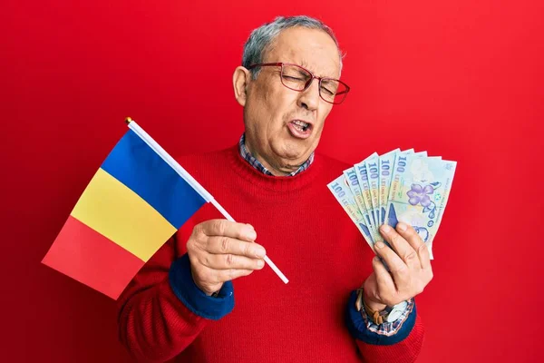 Hombre Mayor Guapo Con Pelo Gris Sosteniendo Bandera Romania Billetes —  Fotos de Stock