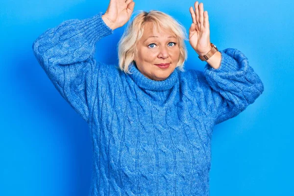 Middle Age Blonde Woman Wearing Casual Clothes Doing Bunny Ears — Stock Photo, Image