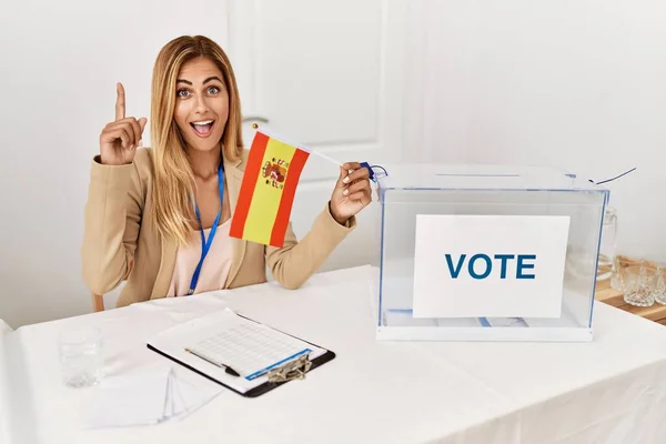 Loira Bela Jovem Eleição Campanha Política Segurando Bandeira Espanha Surpreso — Fotografia de Stock