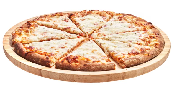 Placă Lemn Felii Brânză Pizza Fundal Alb Izolat — Fotografie, imagine de stoc