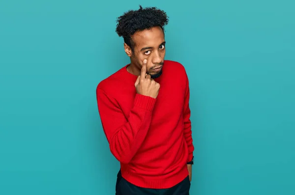 Young African American Man Beard Wearing Casual Winter Sweater Pointing — Stock Photo, Image