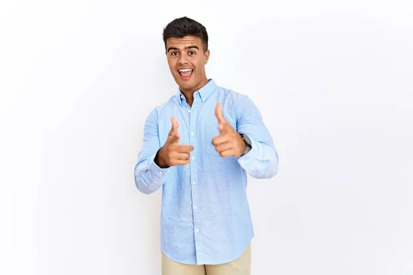 Homem Hispânico Jovem Vestindo Camisa Negócios Sobre Fundo Isolado Apontando — Fotografia de Stock