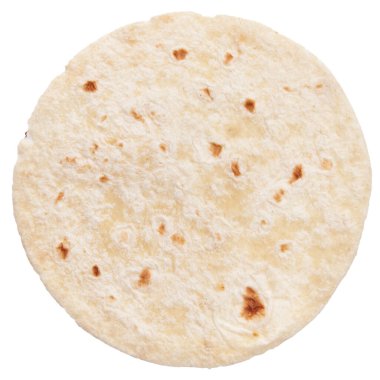  Bir Meksika Burrito Tortilla 'sı ve beyaz izole edilmiş arka plan