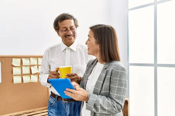 Middle Age Man Woman Business Workers Drinking Coffee Using Touchpad — Stock Photo, Image