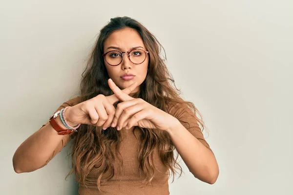 Young Hispanic Girl Wearing Casual Clothes Glasses Rejection Expression Crossing — Stock Photo, Image