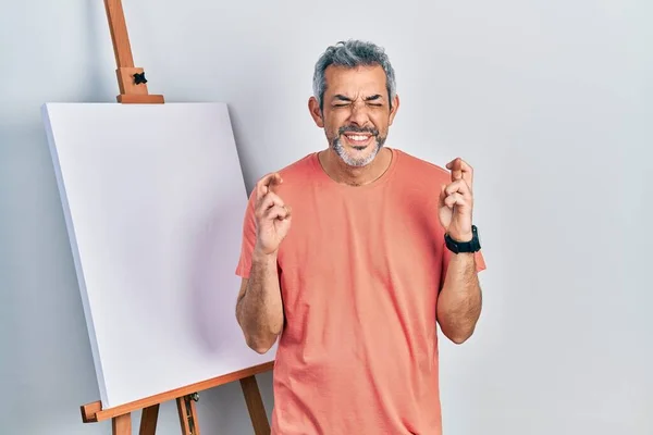 Handsome Middle Age Man Grey Hair Standing Painter Easel Stand — Stock Photo, Image