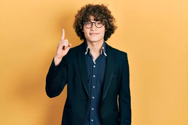 Handsome Young Man Wearing Business Jacket Glasses Pointing Finger Successful — Stock Photo, Image