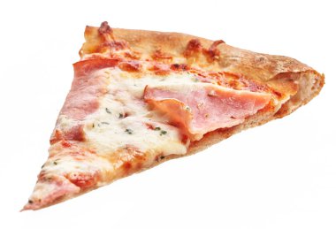  Beyaz izole arka planda İtalyan jambonlu pizza dilimi.