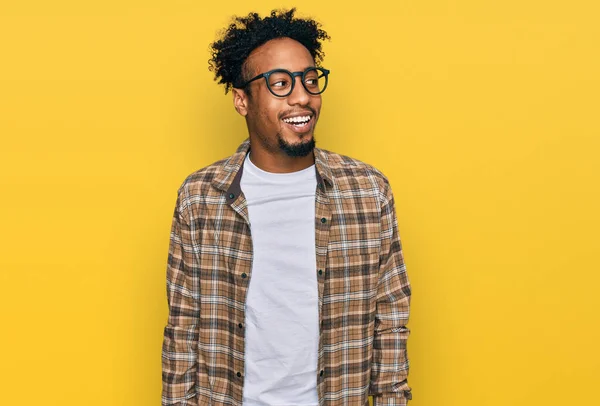 Young African American Man Beard Wearing Casual Clothes Glasses Smiling — Stock Photo, Image