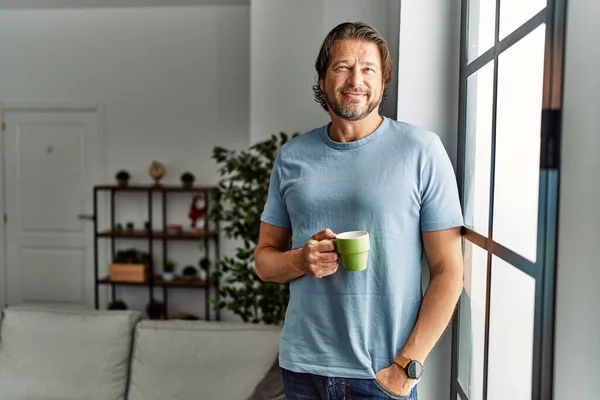 Middle Age Caucasian Man Smiling Confident Drinking Coffee Home — Stock Photo, Image