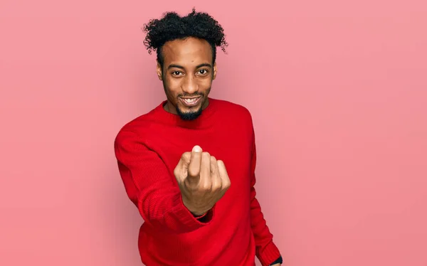 Young African American Man Beard Wearing Casual Winter Sweater Beckoning — Stock Photo, Image