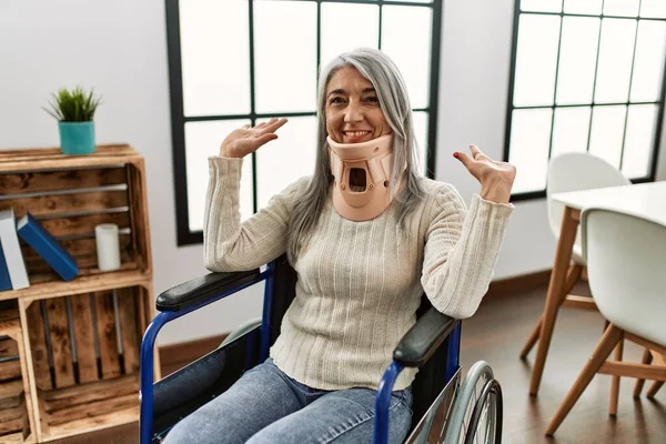 Orta Yaşlı Gri Saçlı Tekerlekli Sandalyede Oturan Tasmalı Mutlu Bir — Stok fotoğraf